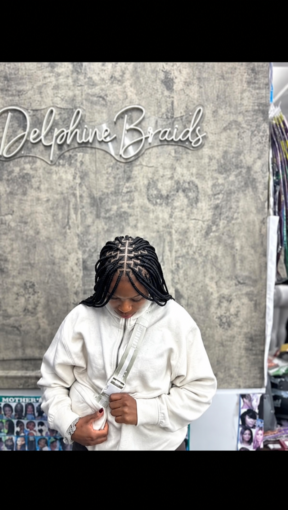 Long braids — front view at AD Blades and Braids